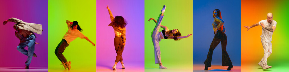Collage. Young men and women dancing modern style dances, hip hop over multicolored background in...