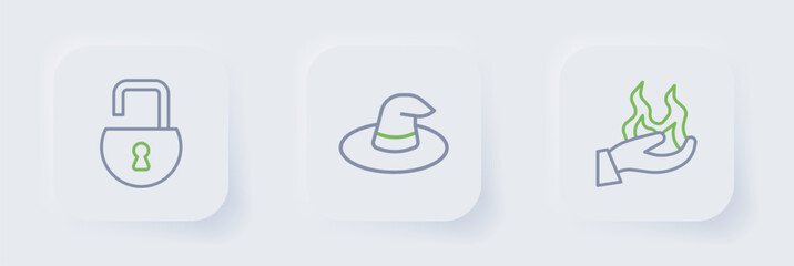 Set line Hand holding fire, Witch hat and Open padlock icon. Vector