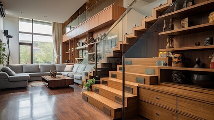Obraz premium interior of modern house, living room with sofa and wooden stairs and panoramic windows