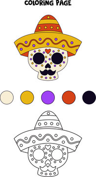 Coloring page with hand drawn Mexican skull. Worksheet for children.
