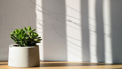 Green succulent in concrete plant pot with decorative shadows on a gray wall and table surface in home interior. Game of shadows on a wall from window at the sunny day. Minimalist vertical background