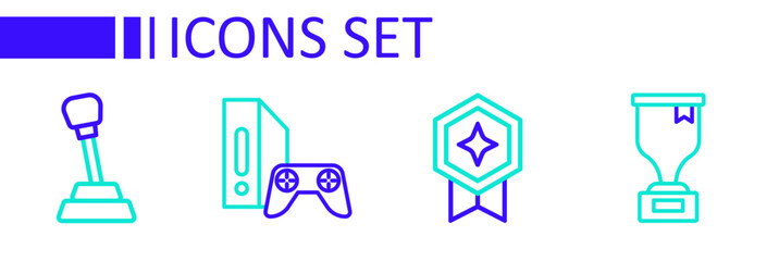 Set line Award cup, Game rating with medal, console joystick and Gear shifter icon. Vector