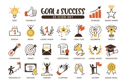 Goal and success icon collection. 25 target, goals, and awards icons. Growing up and winning concepts. Colorful vector icons in hand-drawn style.