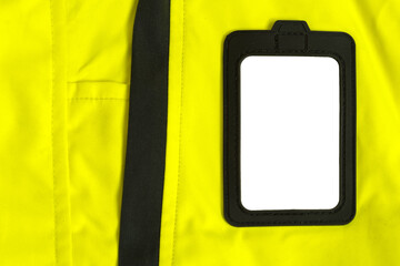 Blank white ID card mockup on a high visibility workwear