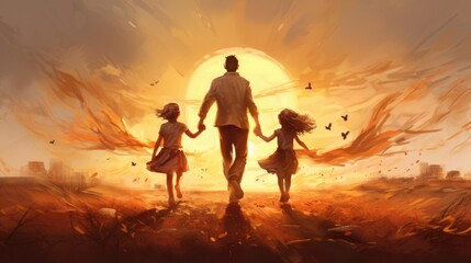 Obraz premium Dad and two daughters, holding hands, walk across the field to the sunset