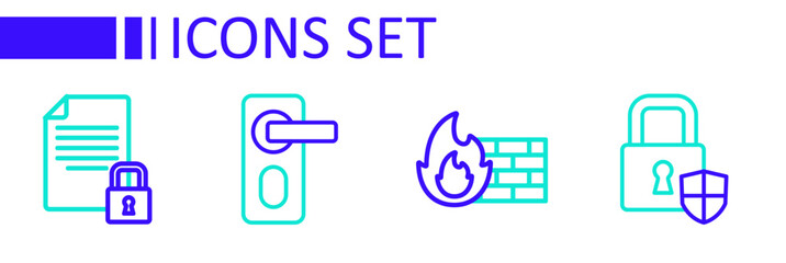 Set line Shield security with lock, Firewall, wall, Fingerprint door and Document and icon. Vector