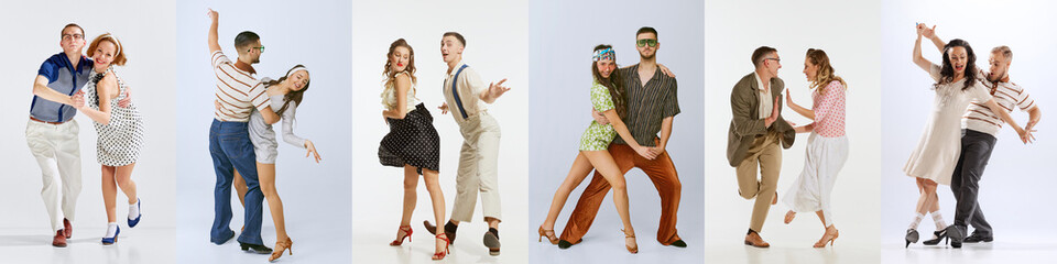 Collage. Stylish men and women dancing in retro clothes on white background. Vintage style. Concept...