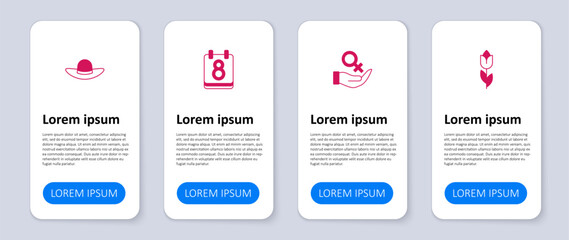 Set Flower tulip, Female gender symbol, Calendar with 8 March and Elegant women hat. Business infographic template. Vector