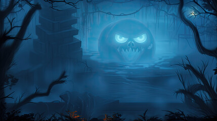 Eerie blue pumpkin with skull-like carving in a dark, swampy forest. Generative ai