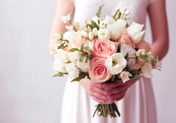 Bouquet of flowers in the hands of the bride on a white background