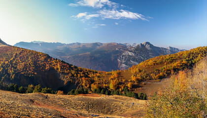 Panorama mountain autumn landscape, blue sky