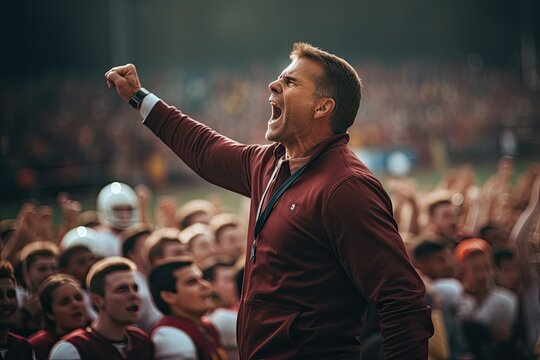 Coach speaking in front of football players . Leadership and motivation concept, ai generative