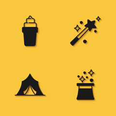 Obraz premium Set Ice cream in waffle, Magician hat, Circus tent and wand icon with long shadow. Vector