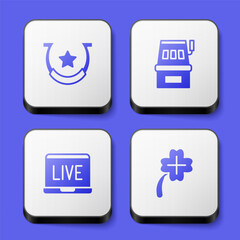 Set Horseshoe, Slot machine, Online poker table game and Casino slot with clover icon. White square button. Vector
