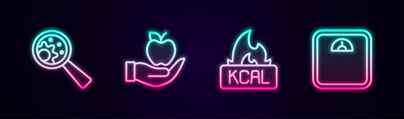 Set line GMO, Apple, Kcal and Bathroom scales. Glowing neon icon. Vector