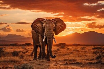 Obraz premium One adult African Elephant in the plains at sunset