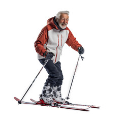 Skier with ski. Smiling figure of an elderly man skiing on a white transparent background. PNG file