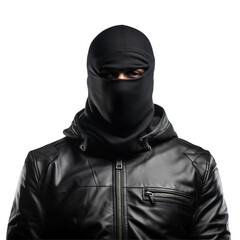 Man in black hood. The figure of a masked man on a white transparent background. PNG file - obrazy, fototapety, plakaty