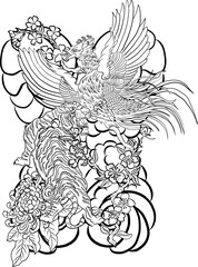 Beautiful line art of Phoenix for tattoo design on background.Phoenix vector for printing on shirt.Golden vector illustration for doodle art and coloring book on white isolated background.