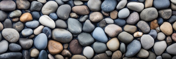 Fototapeta na wymiar Pebbles or river stones for background, top view panorama
