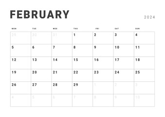 Monthly page Calendar Planner Templates of February 2024. Vector layout of simple calendar with week start Monday for print. Page for size A4 or 21x29.7 cm