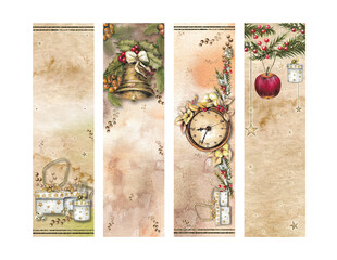 4 Vintage Christmas PNG Bookmarks with Hand-painted Watercolor Illustrations, Vintage Bell, 2 x 7 inches Bookmark, Mistletoe, Christmas Tags and Labels, Festive, Gifts