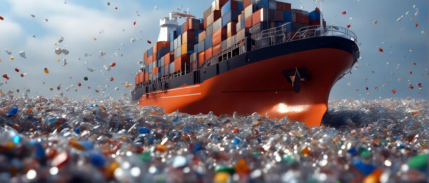 Ein Kontainerschiff f&auml;hrt &uuml;ber einen Ozean voller Plastikm&uuml;ll. Umweltverschmutzung ungeahnten Ausma&szlig;es.