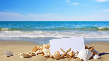Fototapeta na wymiar Seashells with blank card on sand beach 
