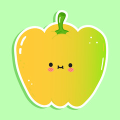 Cute funny colored bell pepper sticker character. Vector hand drawn cartoon kawaii character illustration icon. Isolated on green background. Colored bell pepper character concept
