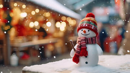 Charming cute cheery snowman wearing a festive red hat and scarf enjoying the snowy Christmas market in the Holiday. Banner with copy space - obrazy, fototapety, plakaty