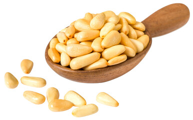 Roasted pine nuts in the wooden spoon, isolated on the white background.