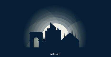 Fototapeta premium Italy Milan cityscape skyline city panorama vector flat modern banner illustration. Lombardy region emblem idea with landmarks and building silhouettes at sunrise sunset night
