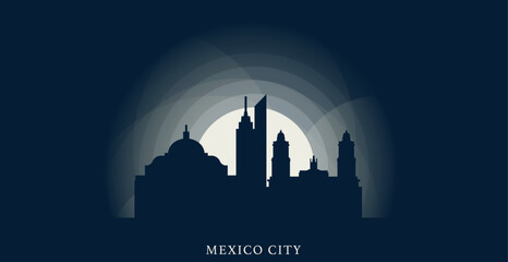 Mexico City cityscape skyline panorama vector flat modern banner illustration. Latin America region emblem idea with landmarks and building silhouettes at sunrise sunset night