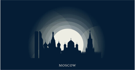 Russia Moscow city cityscape skyline panorama vector flat modern banner art. Russian capital emblem idea with landmarks and building silhouettes at sunrise sunset night