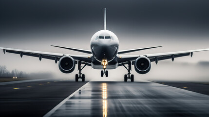 Commercial airliner or jet airplane, taking of during a storm in the rain. Concept of bad weather flying, delays and cancelled flights. Shallow field of view with copy space.