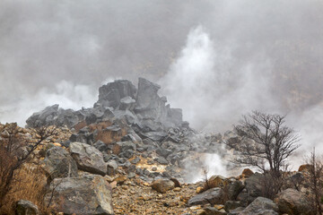 Owakudani volcanic valley in Hakone, Japan 'The Great Boiling Valley'.