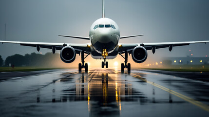 Commercial airliner or jet airplane, taking of during a storm in the rain. Concept of bad weather flying, delays and cancelled flights. Shallow field of view with copy space. - obrazy, fototapety, plakaty