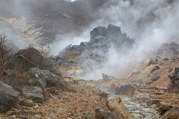 Owakudani volcanic valley in Hakone, Japan 'The Great Boiling Valley'.