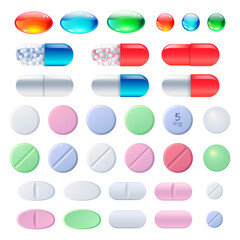 Medicine, pharmacy, hospital set of drugs with labels. Medication, pharmaceutics concept. Vector illustration