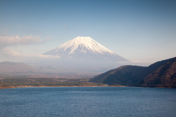 Fototapeta na wymiar Mount Fuji and Lake Motosuko. Fuji-Hakone-Izu National Park, Japan.