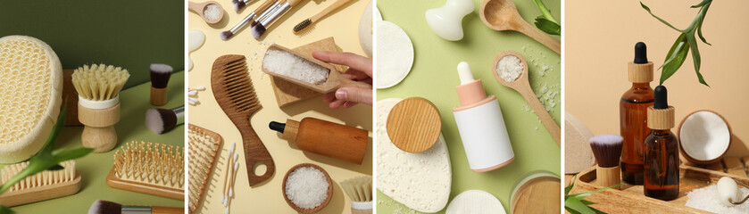 A collage of photos of accessories made of bamboo.