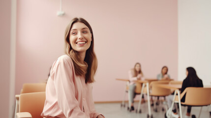 Smiling disabled woman in wheelchair surrounded by coworkers in an office setting. Generative AI