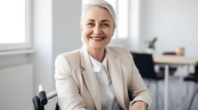 A cheerful senior woman in a wheelchair radiates positivity in a office. Generative AI