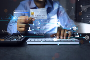 Businessmen using credit card to pay and transactions through digital banking business networking money transfers. Security in digital banking is the world economic security cyber crime protection.