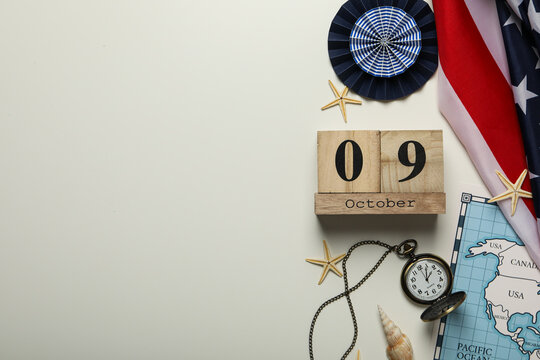 Columbus Day. American flag with map and calendar