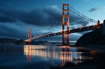 Golden Gate Bridge under a dark blue sky at night time