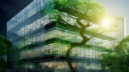 Eco-friendly building. Sustainable glass office building with tree for reducing carbon dioxide. Office with green environment.