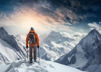 Skifahrer, Schneewanderer auf Berggipfel in verschneiter alpiner Landschaft, erstellt mit generativer KI