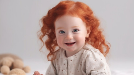 Fototapeta premium A cute red-haired baby playing with toys in a well-lit studio. Generative AI