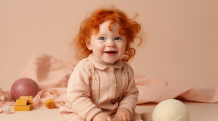 Sweet baby with red hair posing against a light studio backdrop, playing with toys. Generative AI
